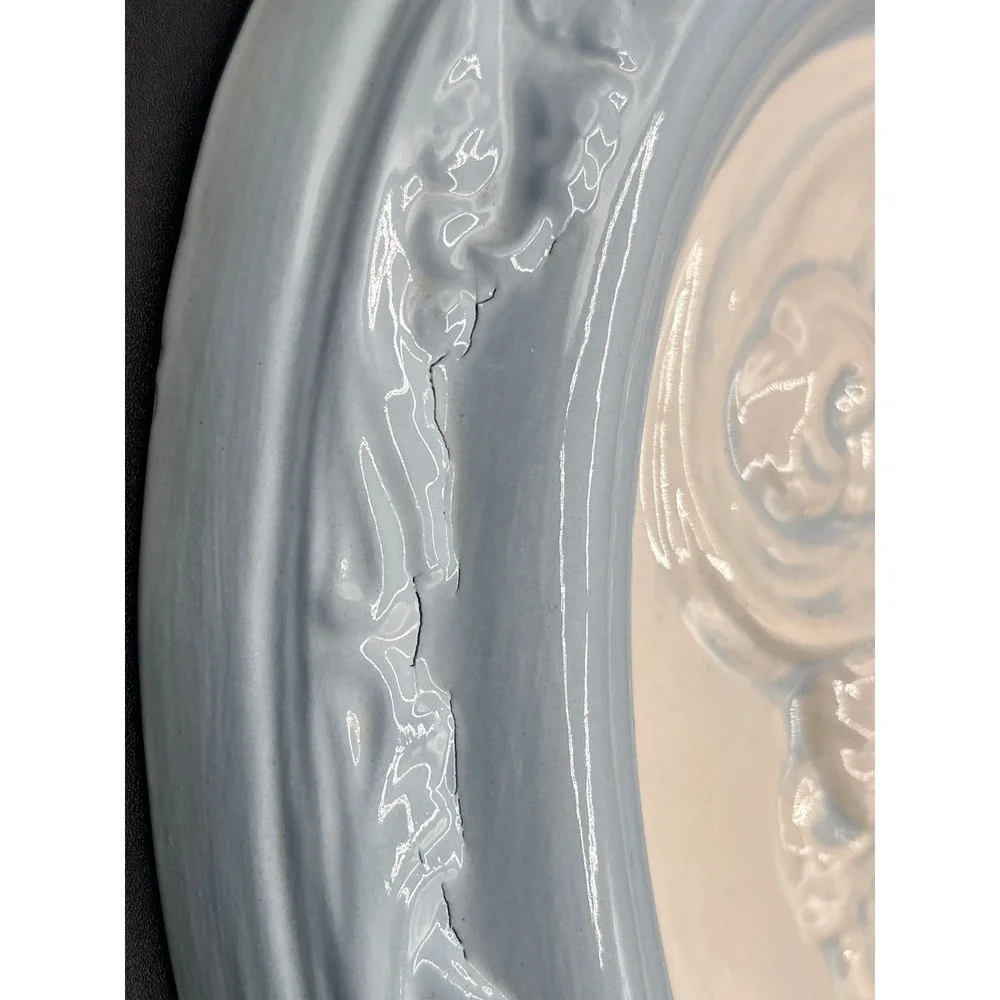 Pair Vtg Chalkware Cameo Wall Plaques Blue‎ White Oval Relief Portraits 12x10.5